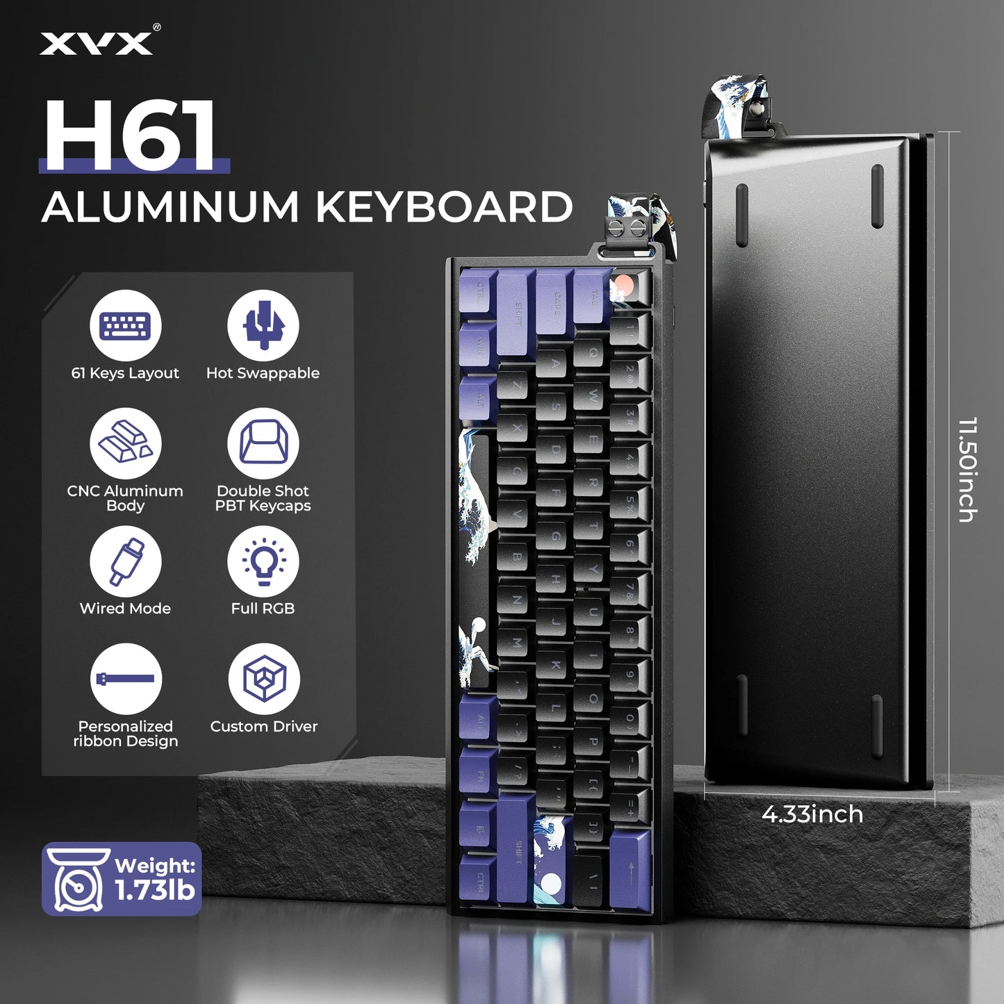 XVX H61 clavier mécanique filaire en aluminium 60% avec capuchons de touches Kanagawa clavier de joueur rvb remplaçable à chaud
