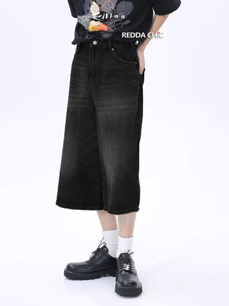 ReddaChic-Short en Denim pour Homme, Baggy Brossé, Vintage, Noir, Bord Brut, Décontracté, Y2k, Hip Hop, Jambes Larges