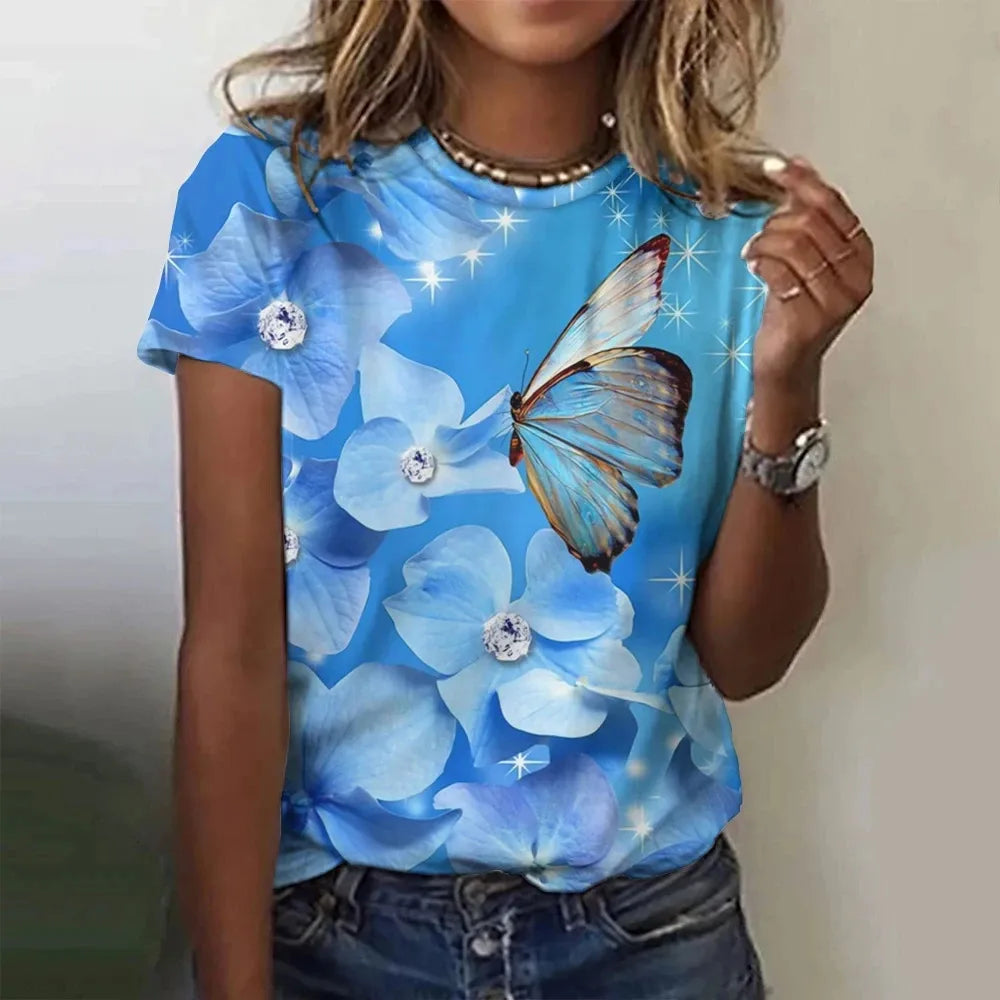 T-shirt manches courtes col rond femme, estival et surdimensionné, avec motif Floral et fleur papillon imprimé en 3D, Y2k, Harajuku, vêtements féminins, nouvelle collection