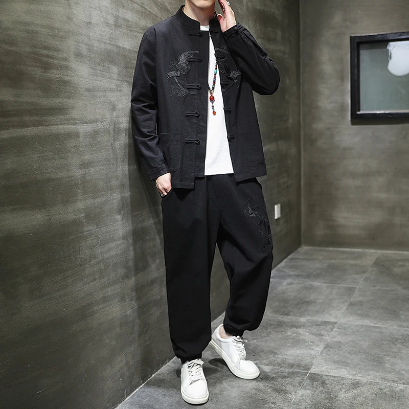 Ensemble deux pièces de style chinois pour hommes, chemise et pantalon, broderie, lin, coton trempé, décontracté, rétro, Kungfu, fjfu