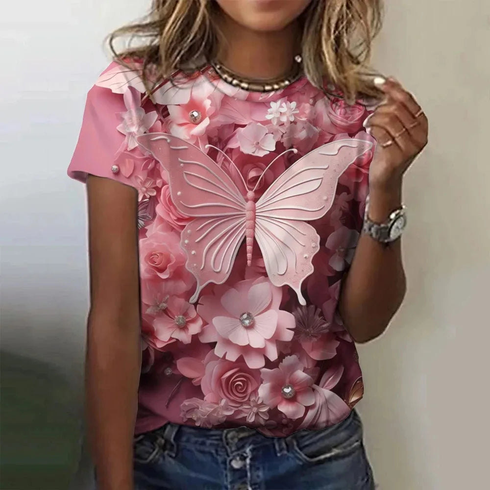 T-shirt manches courtes col rond femme, estival et surdimensionné, avec motif Floral et fleur papillon imprimé en 3D, Y2k, Harajuku, vêtements féminins, nouvelle collection