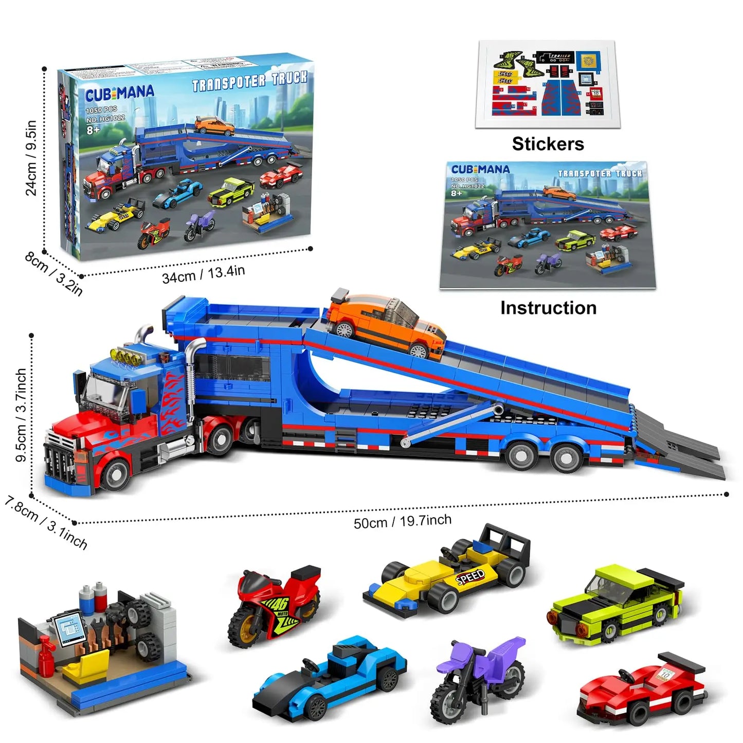 Ensemble de construction de camion transporteur de ville avec 7 voitures, semi-camion de remorquage à rampe de chargement réglable avec remorque transporteuse, jouet cadeaux pour enfants 8 +