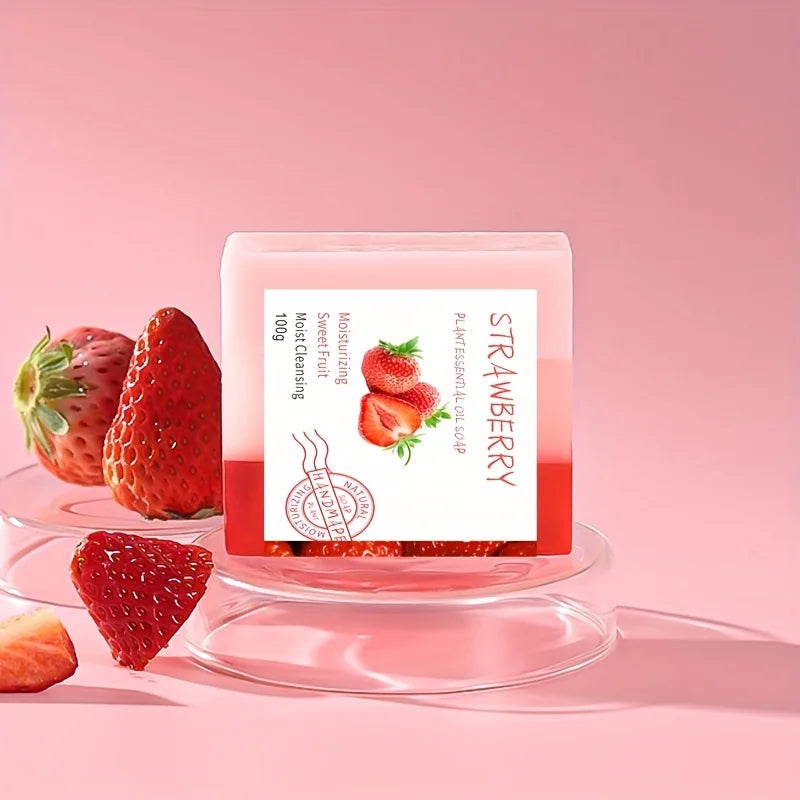 1 pièces x 100g de savon aux fraises nourrissant fait à la main – Mousse riche, nettoyage en profondeur et hydratant, parfait pour la maison et les voyages