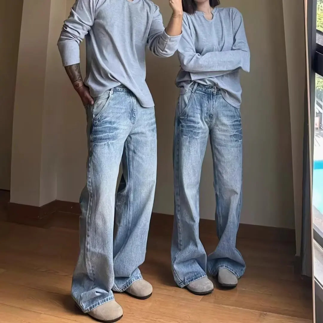 American Vibe style rétro lavé été nouveaux jeans pour hommes et femmes Instagram marque de mode haute rue lâche jambe droite pantalon