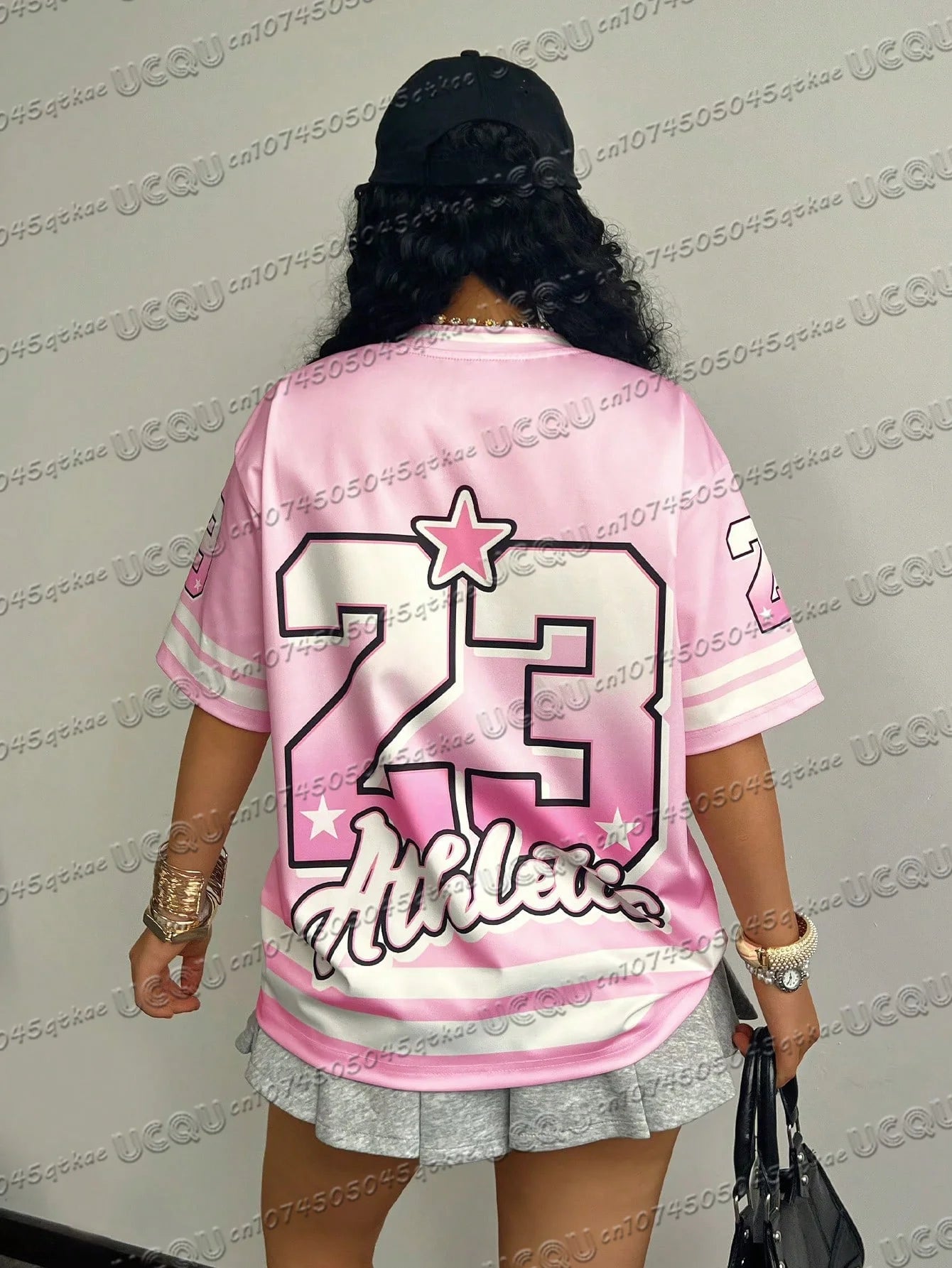 T-Shirt en Jersey imprimé numéro 23 rose pour femmes, col en v, sport, manches courtes, décontracté, voyage, Teey2k, vêtements à la mode, été