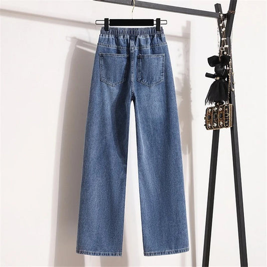 Bigsize cordon taille haute jean droit décontracté Baggy Cowboy pantalon jambe large pantalons femmes Vaqueros corée Denim pantalon