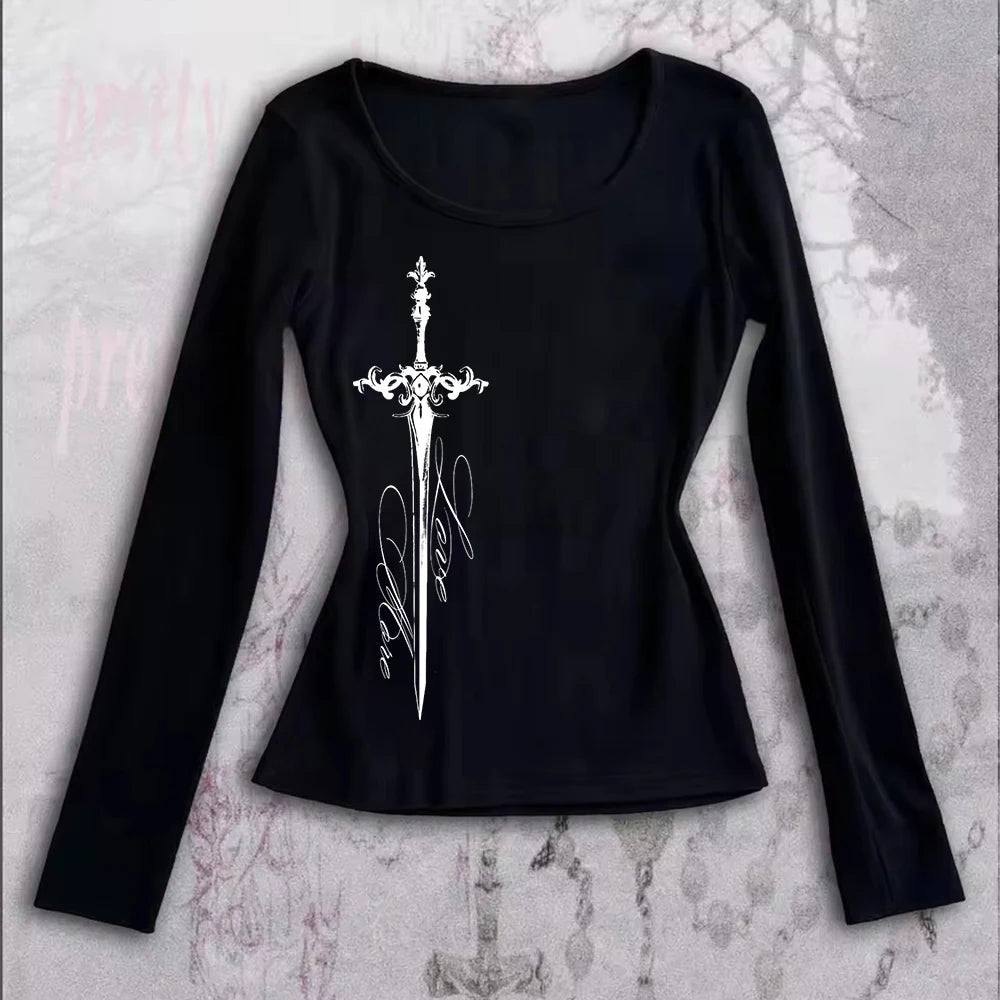 Harajuku esthétique Punk lettre croix impression Y2K T-shirt Hip Hop Streetwear bébé T-shirt mode Goth haute rue à manches longues hauts