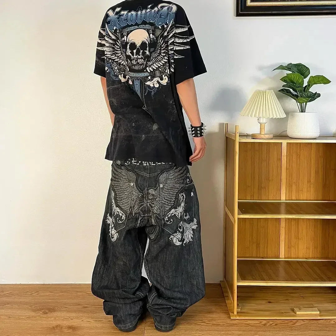 Pantalon Patch populaire avec motif d'épine imprimé, jean déchiré gothique Harajuku pour hommes et femmes, pantalon de rue taille haute Y2k à jambes larges