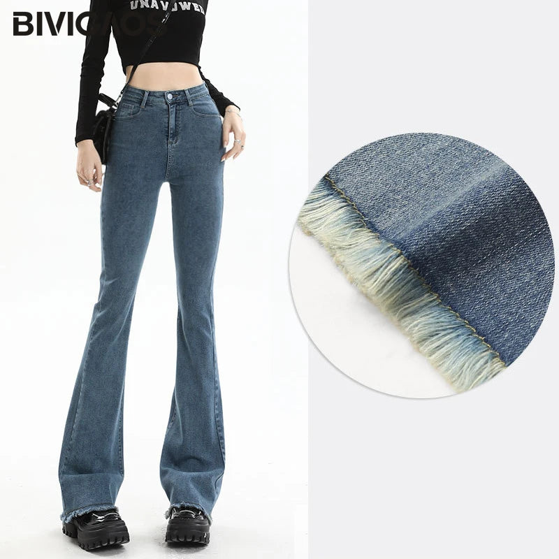BIVIGAOS 2025 nouveau automne printemps Micro jean évasé femmes taille haute mince serré rétro gland ourlet Stretch Denim fer à cheval pantalon