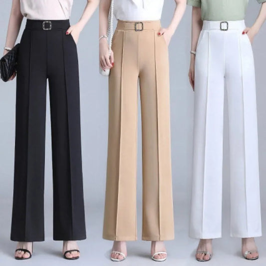 Pantalon à Jambes Larges pour Femme, Slim Ice, artificiel astique, Taille Haute, Poches, Droit, Polyvalent, Court, Printemps, Été, Nouveau