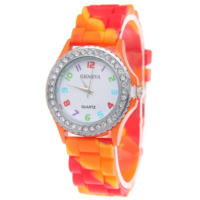 Montres de luxe pour femmes, arc-en-ciel, diamant, quartz, silicone, étanche,