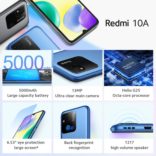Original Xiaomi Redmi 9A/10A micrologiciel mondial 4GB + 64GB/128GB débloqué Xiaomi téléphone intelligent étui gratuit Film de verre cellulaire