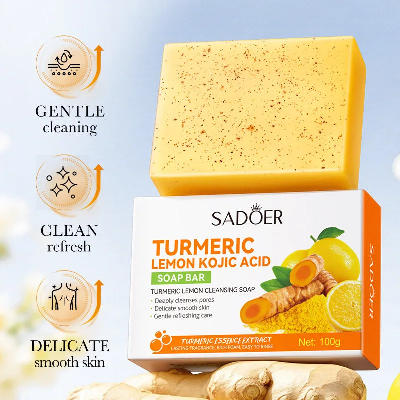 Savon éclaircissant au citron et au curcuma, fait à la main, nettoyage en profondeur, exfoliant pour le corps, douche et visage, soins pour le corps avec filet, 100g