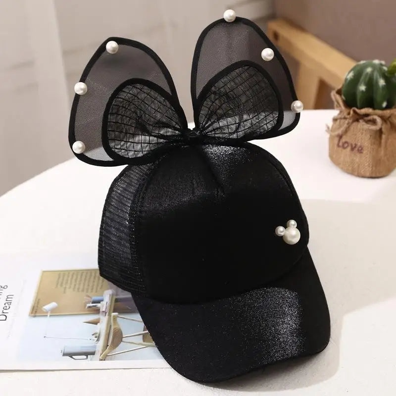 Casquette de baseball avec nœud papillon doux pour filles, grande maille, casquette à visière pour bébé, coton réglable, chapeaux de soleil pour tout-petits, été