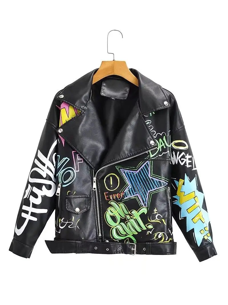 Manteau de marque en cuir PU pour femmes, veste de marque à la mode, imprimé Graffiti coloré, manteaux Punk doux, Slim Locomotive, veste courte, haut en cuir