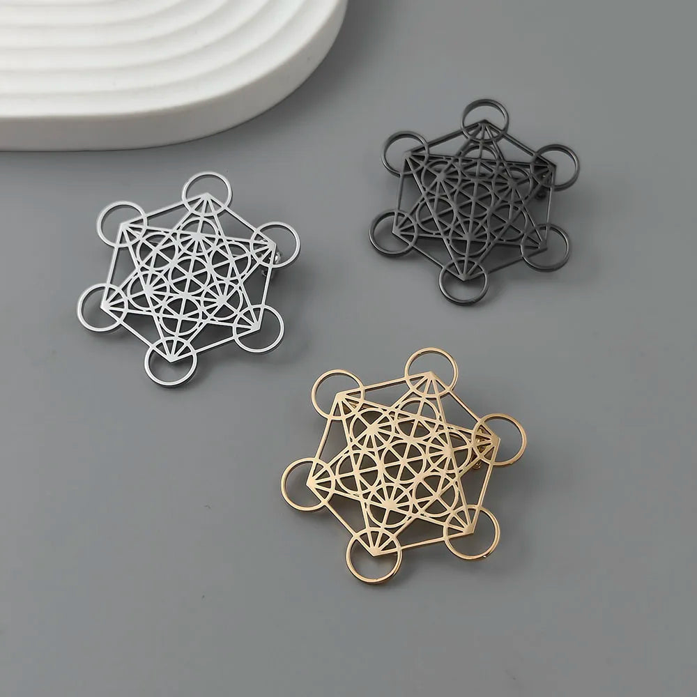 Broche Metatron creuse en acier inoxydable plaqué or 18 carats,