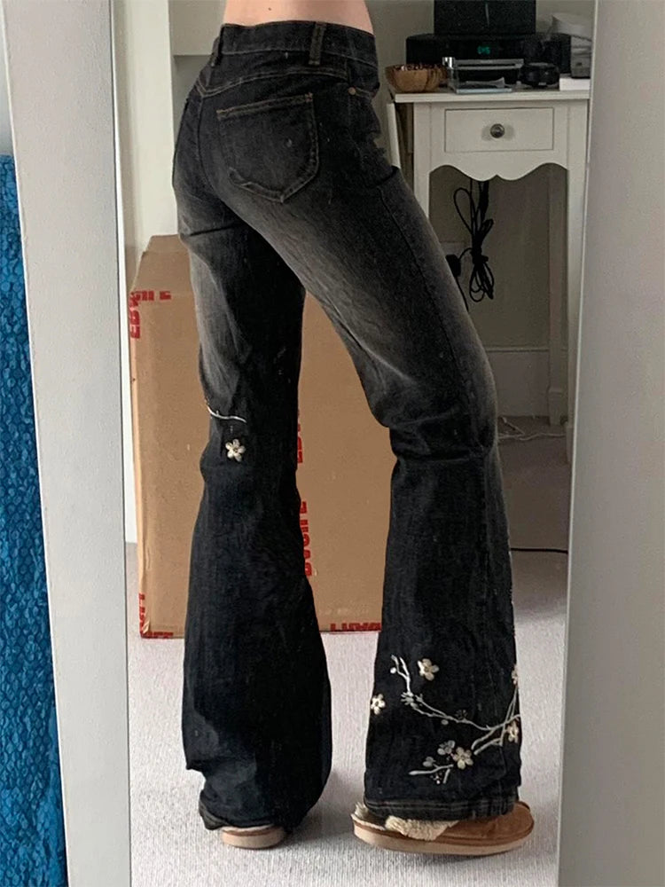 Jean Vintage brodé de fleurs Y2k années 2000, jean évasé taille basse, Baggy d'été pour femmes, mode Streetwear, pantalon en Denim