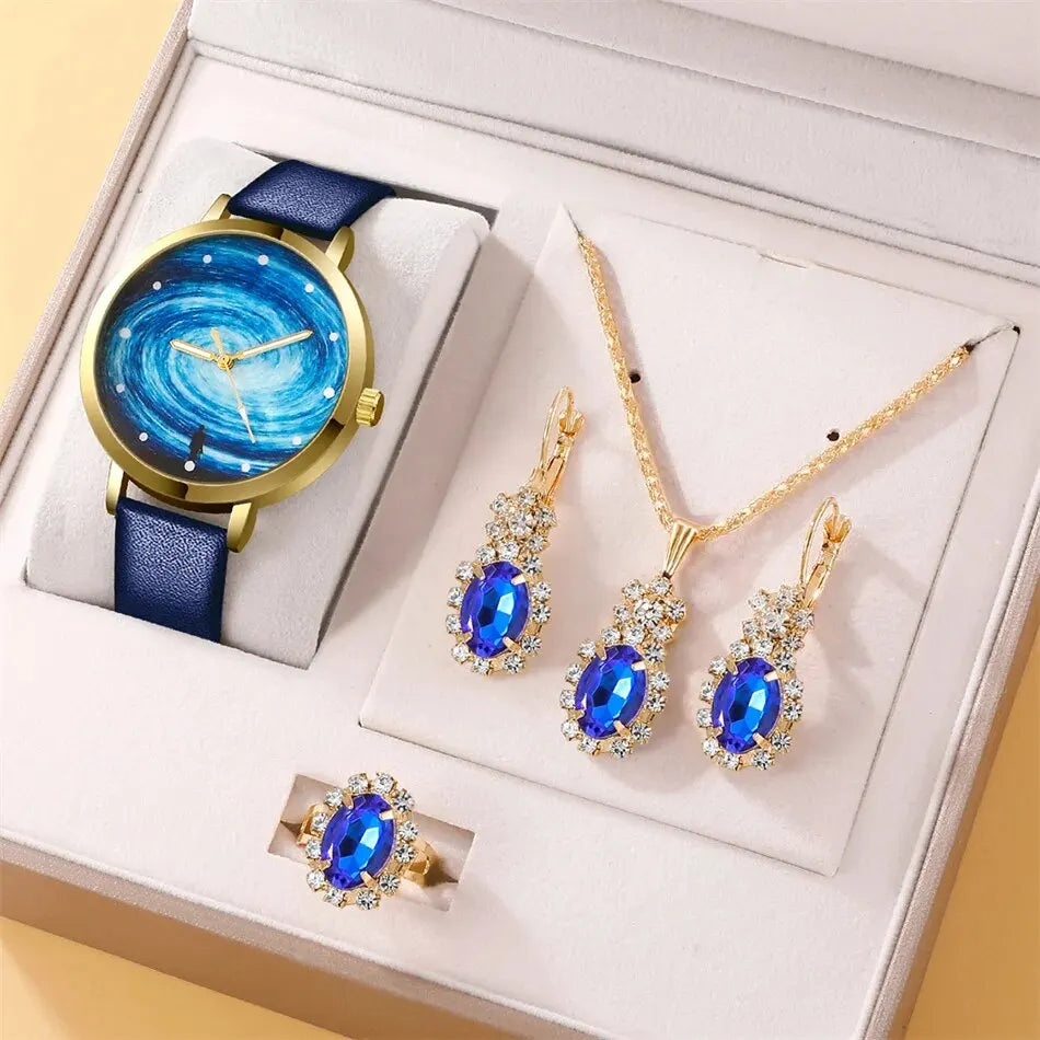 Montre à cadran ciel étoilé pour femme, design de marque, horloge, bracelet en cuir bleu, ensemble de 5 pièces