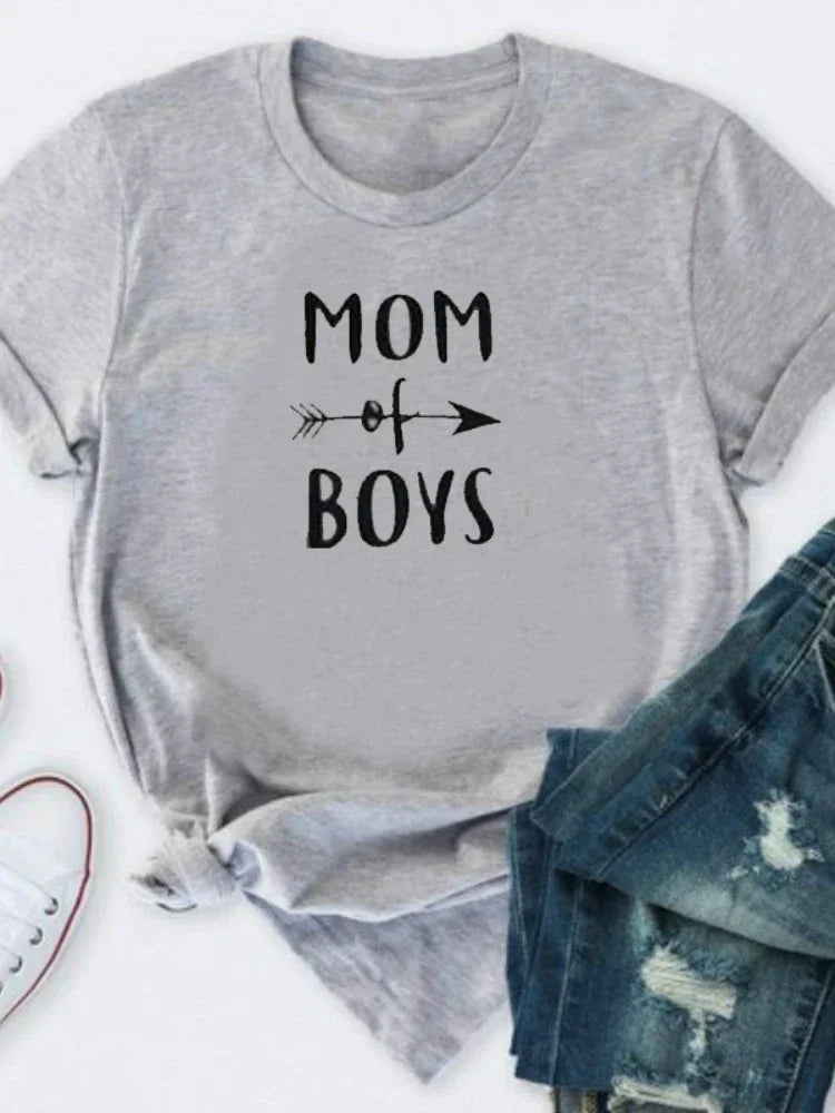 T-shirt manches courtes col rond femme, estival et avec lettres imprimées MOM OF BOYS