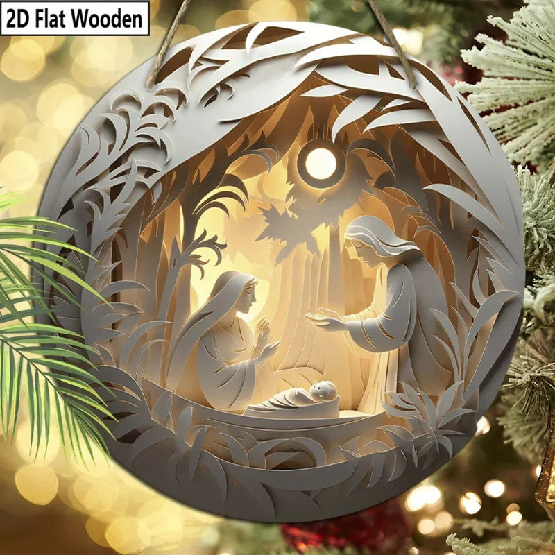 2D flat 1 Christian Christmas "Christmas Eve" circular wooden wall decoration, paper-cut effect pattern, festival decoration