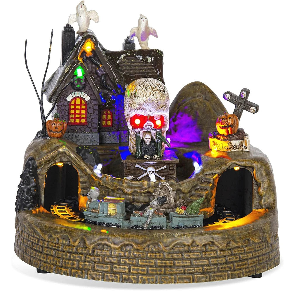 Décor de train de village de vacances d'Halloween avec lumières LED, figurines de fantômes et de squelette effrayants, décoration festive de maison hantée