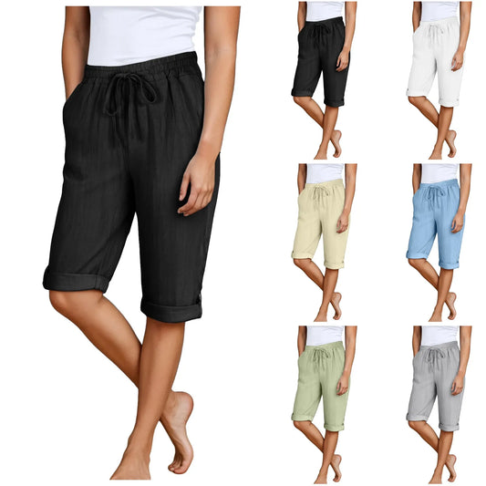 Femmes été Shorts décontracté genou longueur jambe droite taille élastique cordon à lacets pantalons courts femme genou longueur bas