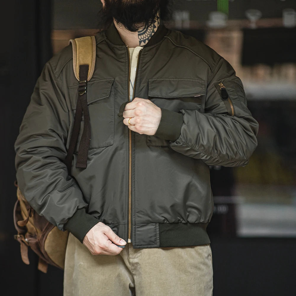 Maden Veste de bombardier MA1 pour hommes col de baseball doublure orange classique deux poches veste de baseball chaude pour l'automne et l'hive