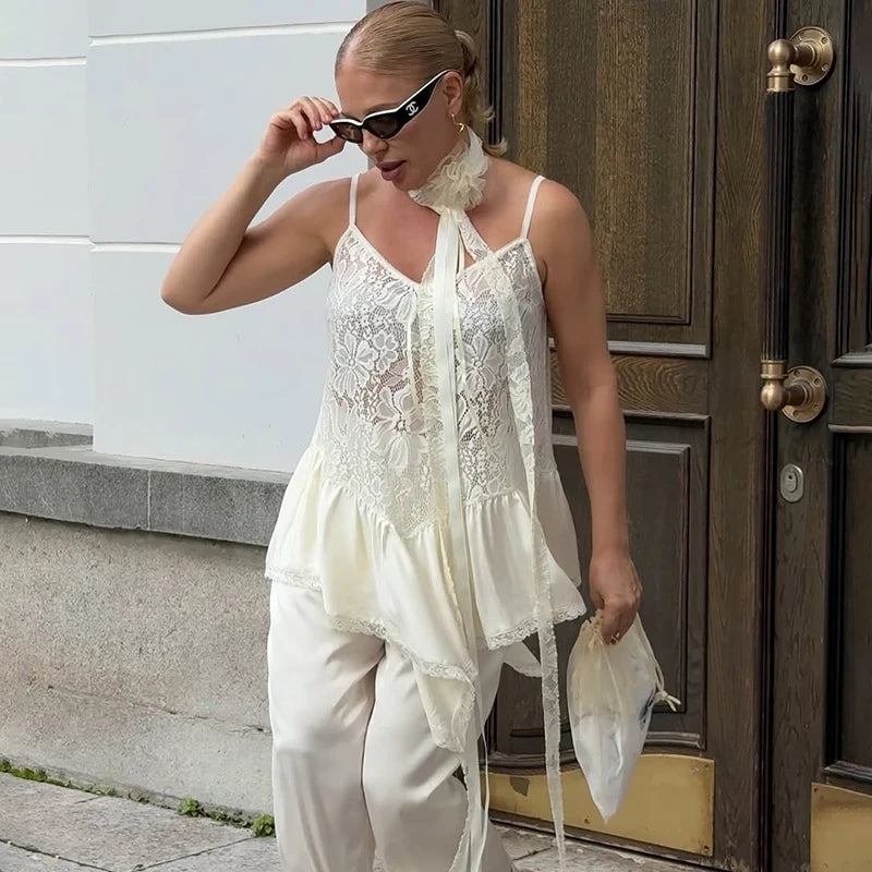 Tornova dentelle épissure fronde gilet t-shirt dame irrégulière voir à travers haut sexy col en V fille chaude décontracté fête déplacements réservoirs mode