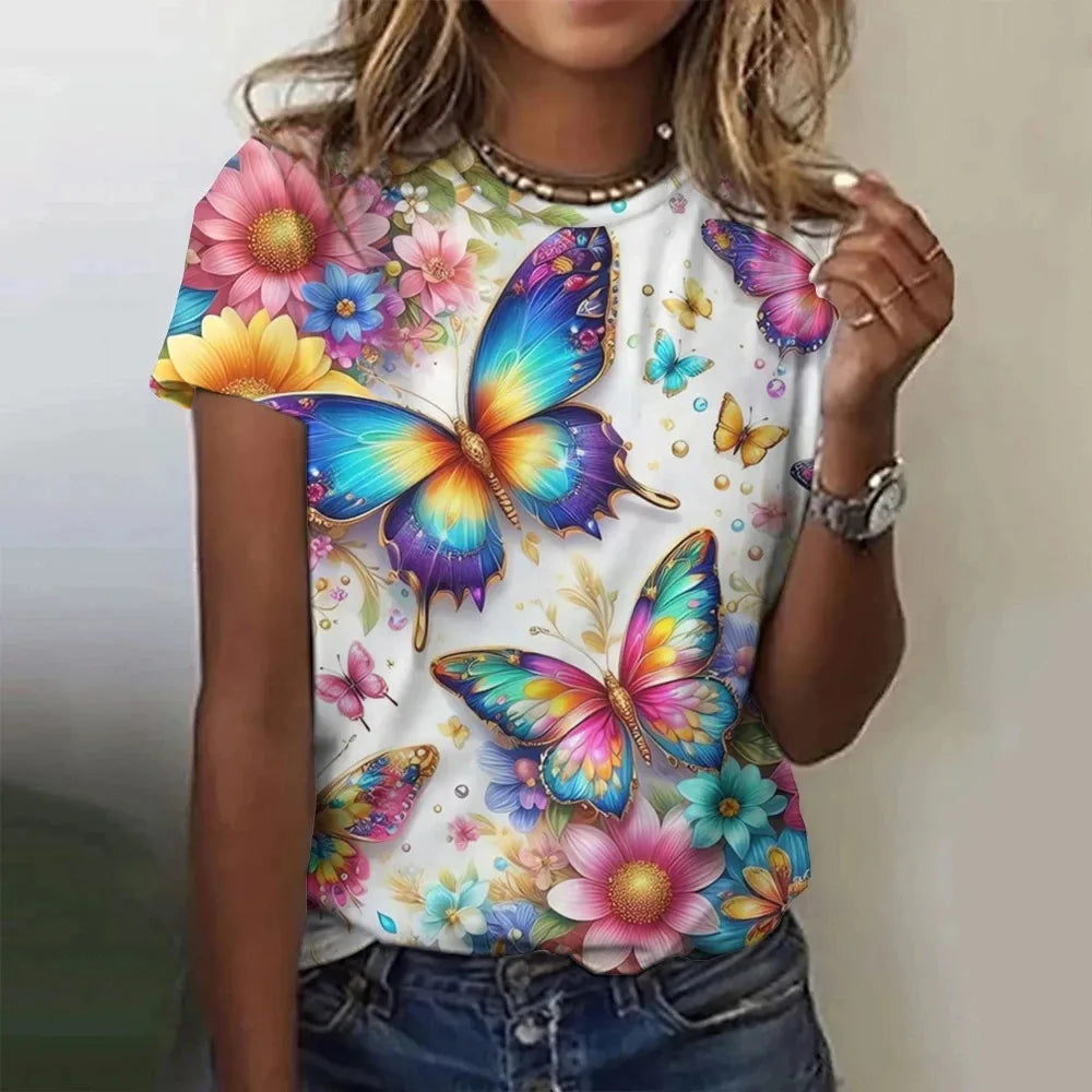 T-shirt manches courtes col rond femme, estival et surdimensionné, avec motif Floral et fleur papillon imprimé en 3D, Y2k, Harajuku, vêtements féminins, nouvelle collection
