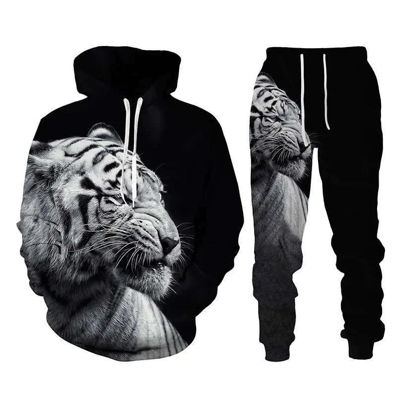 Ensemble de survêtement imprimé tigre animal 3D pour hommes, sweat à capuche et pantalon décontractés, streetwear à la mode, vêtements trempés, automne, hiver, 2 pièces