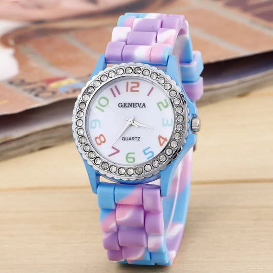 Montres de luxe pour femmes, arc-en-ciel, diamant, quartz, silicone, étanche,