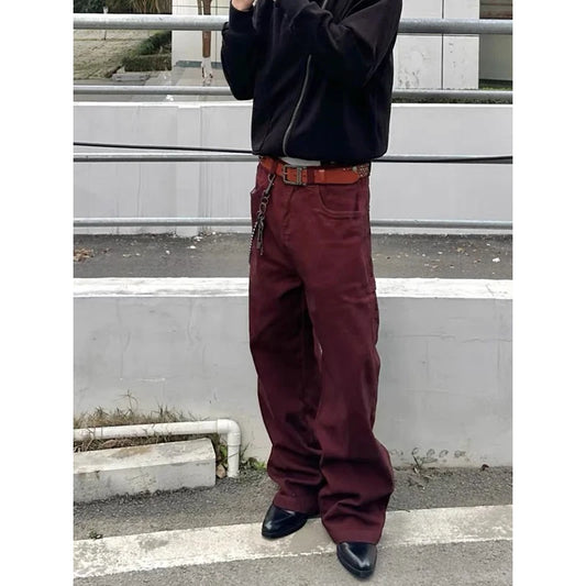 Jean Baggy rouge foncé pour hommes, pantalon de Cowboy Vintage, Harajuku, Streetwear esthétique, pantalon en Denim, vêtements de Style Y2k des années 2000, 2025
