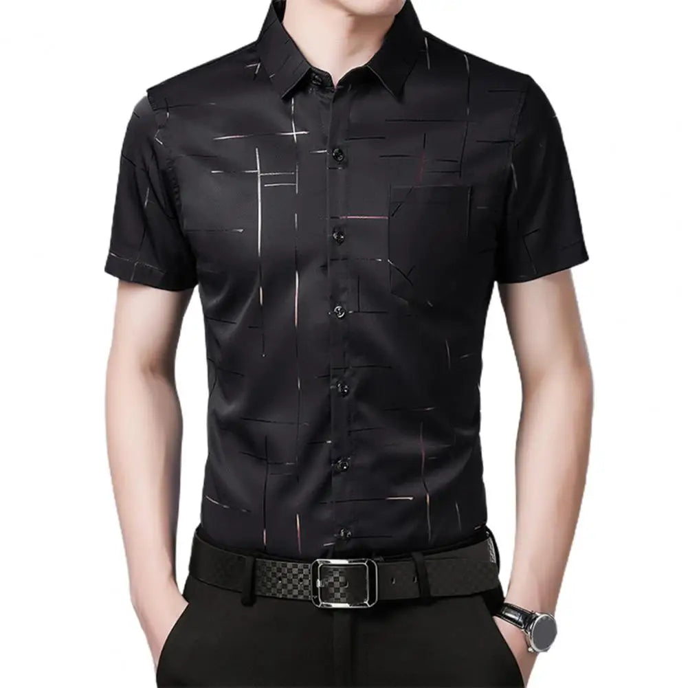 Chemise Soyeuse à Manches Courtes pour Homme, Tenue d'Affaires, Col Rabattu, Décontractée