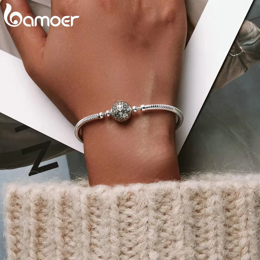 Bamoer 100% 925 argent Sterling éblouissant clair CZ fermoir rond serpent chaîne fleur fermoir Bracelet bijoux fins SCB062