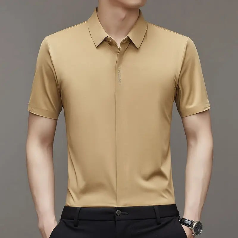Chemise d'été intelligente et décontractée à manches courtes pour hommes, couleur unie, col carré, boutons brodés, lettre haut de gamme, résistant aux rides