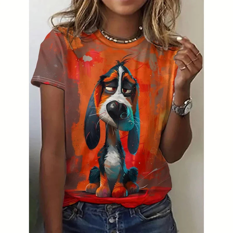 T-shirt manches courtes col ras du cou pour femme, vêtement surdimensionné, décontracté, imprimé chien, 3d, à la mode, été