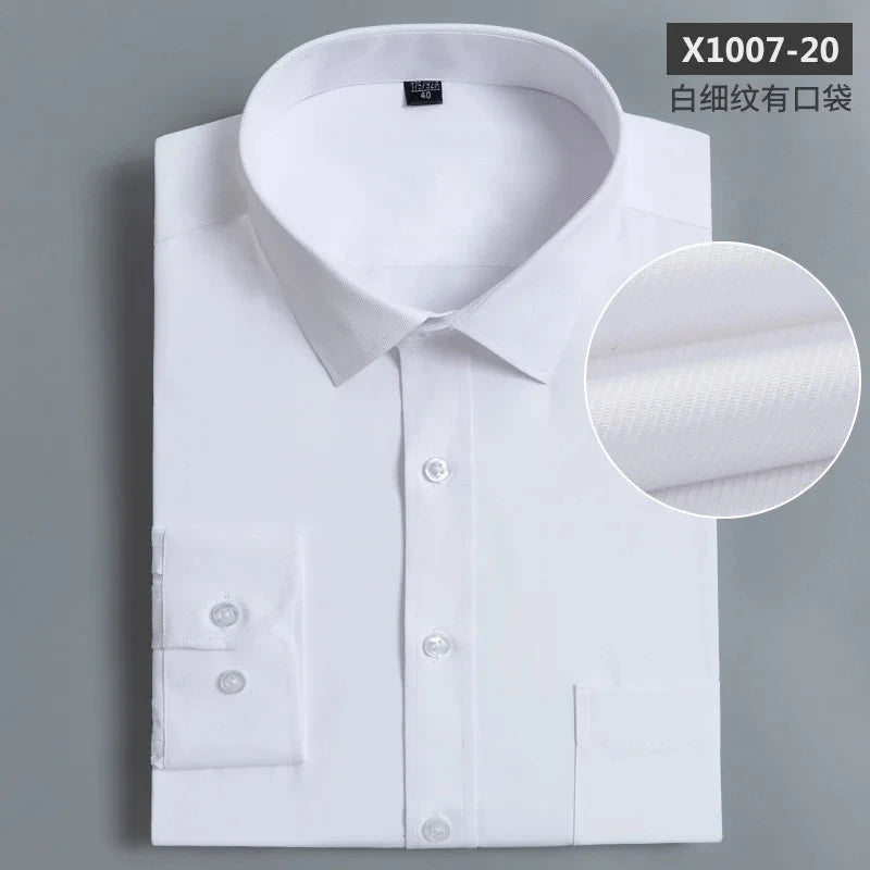 Nouveau coton hommes classique à manches longues robe chemise poche régulière coupe formelle affaires travail bureau décontracté bouton blanc chemises sociales