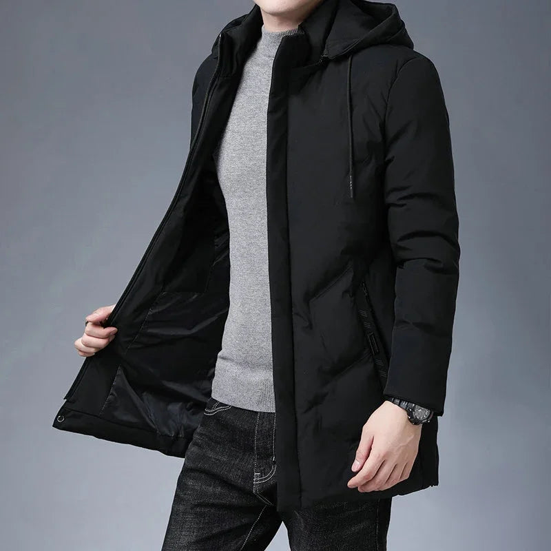 Manteau coupe-vent à capuche pour hommes avec fermeture éclair, parkas longues monochromes, coupe couvertes, veste épaisse chaude, vêtements d'extérieur rembourrés en coton, mode