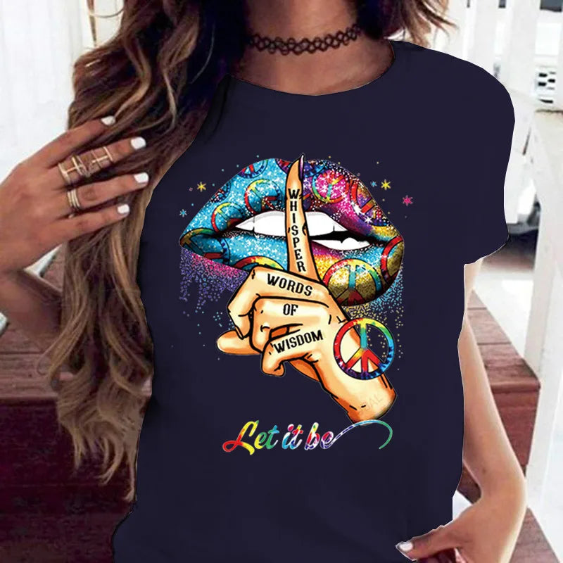 100% coton ample col rond bouche créative à manches courtes T-shirt femme surdimensionné T-shirt hauts vêtements esthétiques