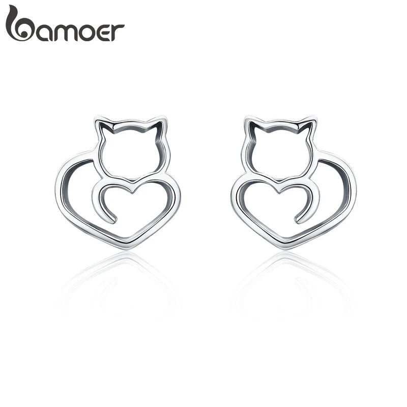 BAMOER-Boucles d'oreilles chat mignon en argent regardé 925 pour femme, bijoux authentiques, petit clou, mode, SCE271