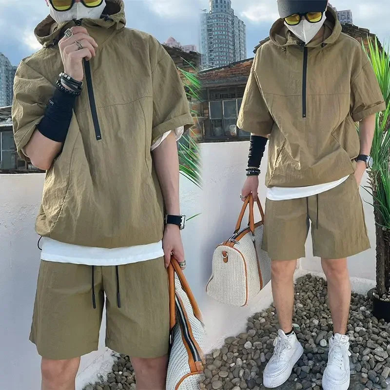 Ensemble de style cargo d'été pour hommes, sweat à capuche décontracté, t-shirt à manches courtes, short monochrome, mode adt, haute qualité, beau sweat-shirt trempé