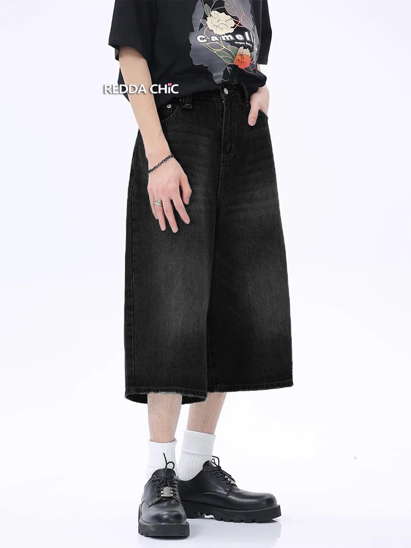 ReddaChic-Short en Denim pour Homme, Baggy Brossé, Vintage, Noir, Bord Brut, Décontracté, Y2k, Hip Hop, Jambes Larges