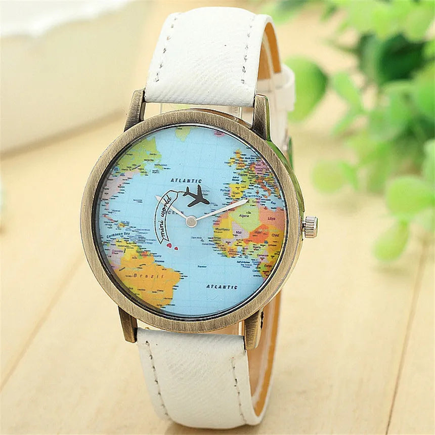 Montre à Quartz de mode unisexe carte avion voyage autour du monde