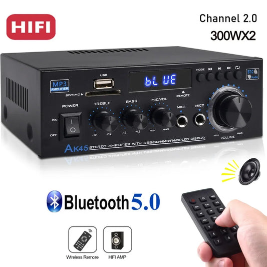 Amplificateur de puissance Bluetooth 5.0, récepteur stéréo, caisson de basses, audio Hi-Fi, AK45, 2 canaux, 300W x 2 sorties, Max 800W