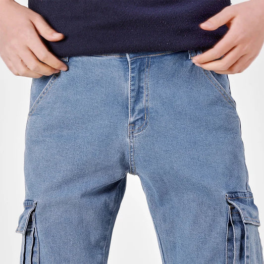 Pantalon cargo en denim pour hommes, taille élastique, couleur unie, délavé, coupe cintrée, décontracté, avec plusieurs poches, pour un usage quotidien