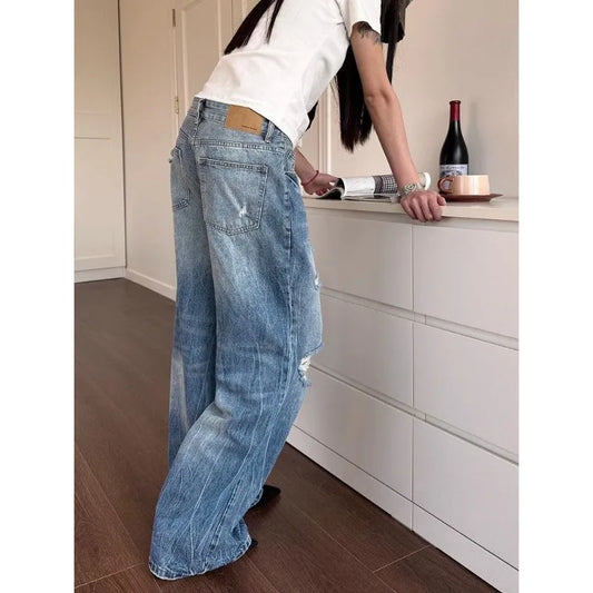 Jean bleu taille haute à trous multiples pour femmes, pantalon à jambes larges, pantalon américain Cool Girl, bas décontracté, survêtement féminin