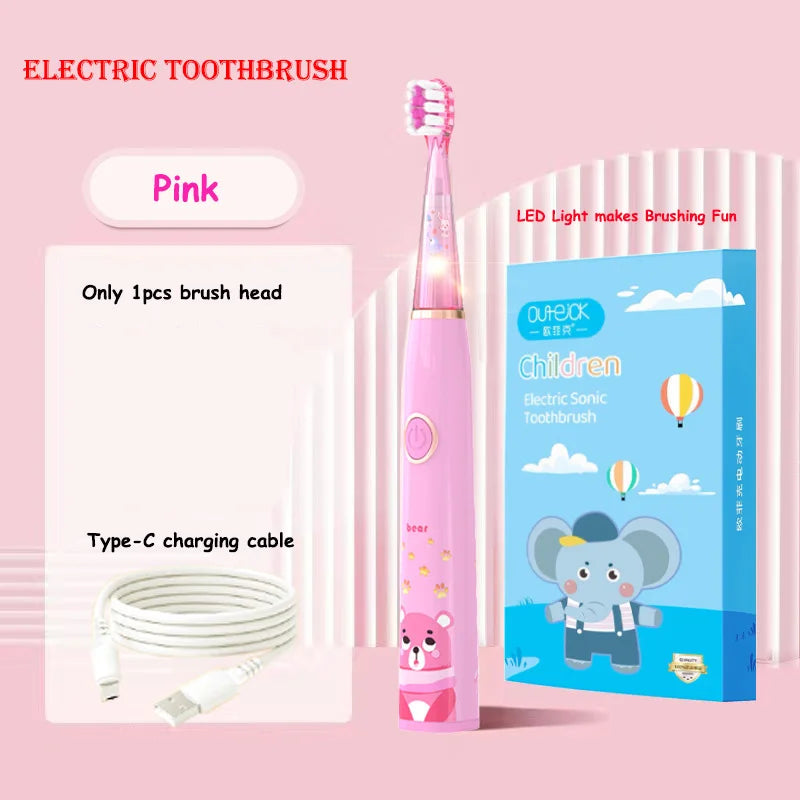 Brosse à dents électrique sonique pour enfants, dessin animé avec lumière LED colorée, étanche IPX7, nettoyage total des dents, brosse à dents de soin Rechargeable