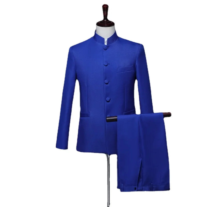 Blazer à col montant de style chinois pour hommes, couleur pure, affaires, formel, banquet de mariage, trempé, rouge, blanc, mâle, nouveau, fjj, 2 pièces