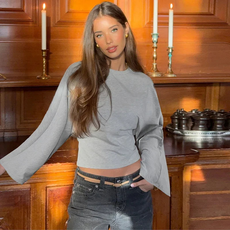 Talenza décontracté solide t-shirt femmes col rond à manches longues pull plis haut court femme 2025 automne mode basique t-shirt ample