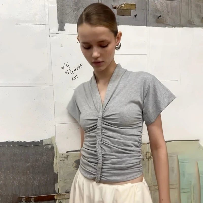 CUTENOVA femmes taille mince conception col en v couleur unie à manches courtes T-Shirt Sexy rétrécissement haut plissé mode polyvalent haut décontracté